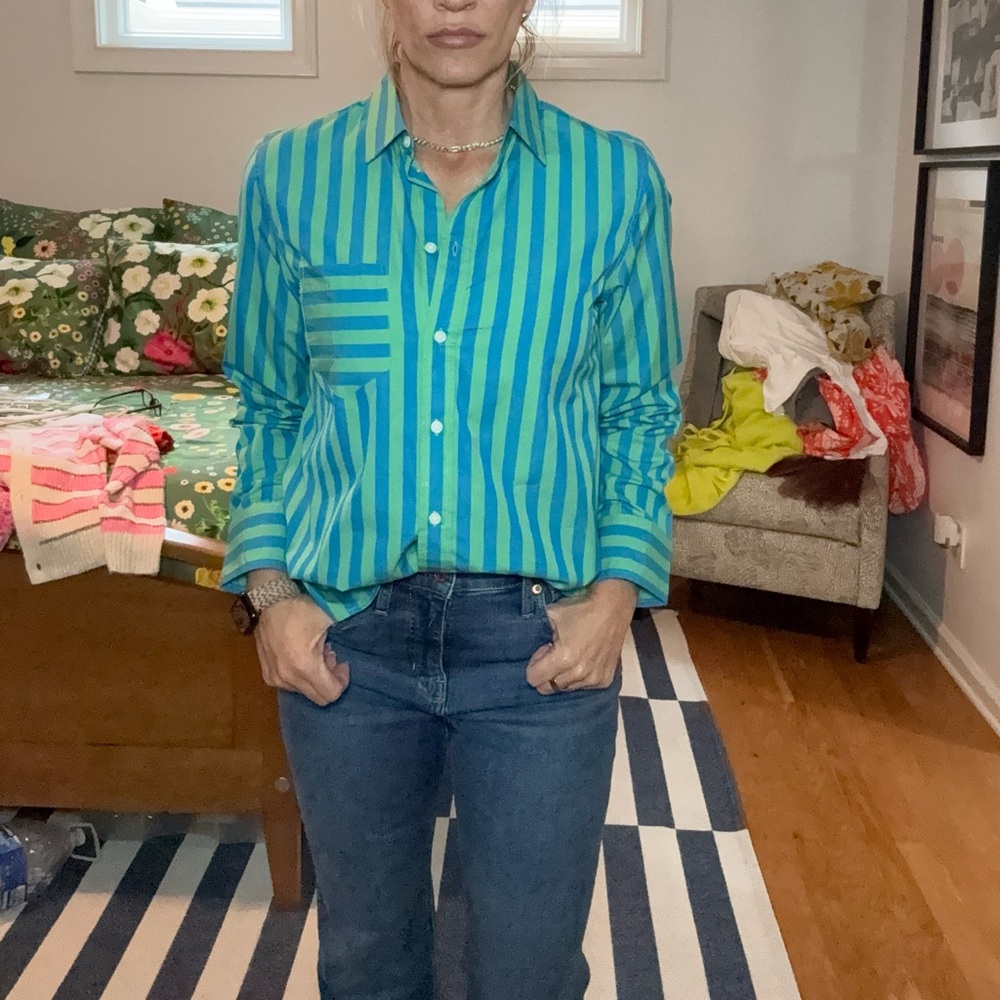 J. Crew Classic Teal and Lime Striped Shirt